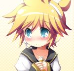  1boy bass_clef blonde_hair blue_eyes blush detached_sleeves eyebrows_visible_through_hair funny_cat hair_between_eyes headset kagamine_len looking_at_viewer solo vocaloid 