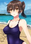  1girl :o bangs beach blue_swimsuit blush breasts brown_hair cleavage cloud day hair_between_eyes highres izumo_ayuka kaga_(kantai_collection) kantai_collection large_breasts ocean one-piece_swimsuit outdoors ponytail sand school_swimsuit side_ponytail sky solo swimsuit water yellow_eyes 