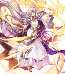  1girl bangs book breasts cape chachie circlet dragon dress fire_emblem fire_emblem:_genealogy_of_the_holy_war fire_emblem_heroes full_body hair_ornament hand_up highres holding holding_book jewelry julia_(fire_emblem) long_hair long_sleeves looking_away magic medium_breasts non-web_source official_art open_mouth purple_eyes purple_hair sandals see-through shiny shiny_hair solo toes transparent_background wide_sleeves 