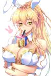  1girl animal_ears artoria_pendragon_(all) artoria_pendragon_(lancer) artoria_pendragon_(swimsuit_ruler)_(fate) bare_shoulders blonde_hair breasts bubble_tea_challenge bunny_ears cleavage eyebrows_visible_through_hair fate/grand_order fate_(series) green_eyes hair_between_eyes highres large_breasts nasaniliu simple_background solo white_background 