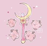  :d ^_^ bishoujo_senshi_sailor_moon claws clefairy closed_eyes commentary creature dancing english_commentary gen_1_pokemon moon_stick no_humans open_mouth pink_background pink_theme pokemon pokemon_(creature) pun smile yamato-leaphere 