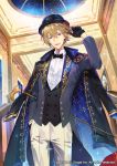  1boy black_gloves black_headwear blue_eyes bow bowler_hat bowtie cane formal glint gloves hair_between_eyes hat indoors jacket_on_shoulders male_focus official_art pants sid_story smile solo suit unagipang white_pants 