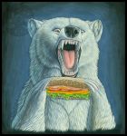  2007 ambiguous_gender black_nose claws feral food fur katie_hofgard mammal open_mouth polar_bear sandwich_(disambiguation) solo teeth tongue traditional_media_(artwork) ursid ursine white_fur 
