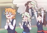  3girls blonde_hair blue_eyes blush brown_eyes brown_hair diana_cavendish flying_sweatdrops fourth_wall glasses gradient_hair grin hands_clasped kagari_atsuko kiss little_witch_academia lotte_jansson luna_nova_school_uniform multicolored_hair multiple_girls open_mouth orange_hair own_hands_together relationshipping school_uniform smile thought_bubble usbgrumble yuri 