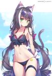  1girl animal_ear_fluff animal_ears artist_name ass_visible_through_thighs bangs bare_shoulders bikini black_bikini black_hair blue_sky blush breasts cat_ears cat_girl cat_tail closed_mouth cloud commentary_request day eyebrows_visible_through_hair eyewear_on_head front-tie_bikini front-tie_top green_eyes groin hair_between_eyes hong_(white_spider) horizon jacket kyaru_(princess_connect) looking_at_viewer low_twintails medium_breasts multicolored_hair navel ocean princess_connect! princess_connect!_re:dive purple_jacket signature sky solo streaked_hair sunglasses swimsuit tail thigh_gap thigh_strap twintails undressing water wet wet_hair white_hair 