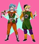  2girls aqua_eyes aqua_hair artist_name black_footwear blonde_hair boots bulma chinese_clothes cosplay dizim dragon_ball dragon_ball_(classic) hand_on_hip hat highres lunch_(dragon_ball) middle_finger multiple_girls one_side_up open_mouth outline sheath signature smile sword tenshinhan tenshinhan_(cosplay) wavy_hair weapon wristband yamcha yamcha_(cosplay) yellow_eyes 