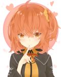  1girl ahoge bangs black_jacket blush commentary_request face fate/grand_order fate_(series) finger_to_mouth fujimaru_ritsuka_(female) hair_ornament hair_scrunchie heart highres jacket looking_at_viewer orange_eyes orange_hair orange_scrunchie red_ribbon ribbon scrunchie short_hair smile solo younomiti 