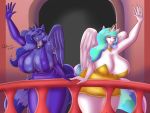  2019 anthro anthrofied armwear big_breasts breasts cleavage clothed clothing collar cosmic_hair crown elbow_gloves equid ethereal_hair eyes_closed feathered_wings feathers female friendship_is_magic gesture gloves hair handwear hi_res horn huge_breasts mammal multicolored_hair my_little_pony princess_celestia_(mlp) princess_luna_(mlp) pseudo_hair sibling silentpassion sister sisters smile thick_thighs voluptuous waving winged_unicorn wings 