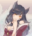  1girl ahri animal_ears bare_shoulders black_hair breasts cleavage closed_eyes eyebrows_visible_through_hair eyes_visible_through_hair facial_mark fox_ears fox_tail kokeshi24 league_of_legends long_hair orange_eyes slit_pupils smile solo tail white_tail 