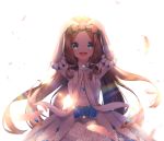  1girl absurdres arms_up backlighting bangs blue_eyes breasts brown_hair commentary_request dress elbow_gloves eyebrows_visible_through_hair fate/grand_order fate_(series) feathers flower flower_wreath forehead gloves hands_on_own_head head_wreath highres leonardo_da_vinci_(fate/grand_order) long_hair parted_bangs petals pink_flower pink_rose puffy_short_sleeves puffy_sleeves rose short_sleeves small_breasts solo suisen-21 very_long_hair white_background white_dress white_flower white_gloves yellow_flower 