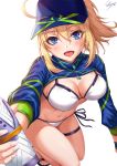  1girl :d ahoge arm_support artist_name artoria_pendragon_(all) bangs baseball_cap bikini blonde_hair blue_eyes blue_headwear blush breasts commentary_request eyebrows_visible_through_hair fate/grand_order fate_(series) hair_between_eyes hat head_tilt highres holding kneeling long_sleeves looking_at_viewer medium_breasts mysterious_heroine_xx_(foreigner) navel open_mouth ponytail sakiyamama sandals short_hair shrug_(clothing) side-tie_bikini sidelocks signature simple_background smile solo stomach swimsuit thigh_strap thighs white_background white_bikini wristband 
