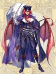  1girl black_footwear black_headwear black_pants boots breasts cape chain cleavage coffin commission courier_cruz dairoku_youhei dragon_girl dragon_tail dragon_wings full_body gloves hand_on_hip hat large_breasts pants purple_cape red_hair red_neckwear short_hair solo tail white_gloves wings 