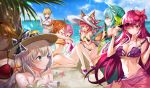 6+girls absurdres ahoge angry animal_ears artoria_pendragon_(all) bangs bare_shoulders beach bikini blonde_hair blue_eyes bow breasts cleavage collarbone commentary_request day eating eyebrows_visible_through_hair fate/grand_order fate_(series) food fox_ears fox_tail fujimaru_ritsuka_(female) green_bow green_eyes green_hair hair_between_eyes hair_ornament hair_over_one_eye hair_scrunchie happy harusame_(user_wawj5773) hat hat_bow highres holding horns kiyohime_(fate/grand_order) large_breasts long_hair looking_at_viewer marie_antoinette_(fate/grand_order) mash_kyrielight medium_breasts mordred_(fate) mordred_(fate)_(all) multiple_girls navel orange_bikini orange_hair orange_scrunchie outdoors palm_tree pink_bikini pink_hair ponytail purple_eyes red_bikini red_eyes red_hair red_scrunchie scathach_(fate)_(all) scathach_(fate/grand_order) scrunchie see-through sleeping smile star star_hair_ornament starfish sun_hat swimsuit tail tamamo_(fate)_(all) tamamo_no_mae_(fate) tree very_long_hair white-hair white_bikini white_swimsuit 
