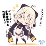  1girl ;) ahoge arm_up bangs beni_shake bikini black_bikini black_bow black_legwear black_scarf blonde_hair blush_stickers bow chibi closed_mouth colored_shadow commentary_request eyebrows_visible_through_hair fate/grand_order fate_(series) hair_bow highleg highleg_bikini layered_bikini navel notice_lines okita_souji_(fate)_(all) okita_souji_(swimsuit_assassin)_(fate) one_eye_closed scarf shadow signature smile solo standing swimsuit thighhighs translation_request white_background wristband 