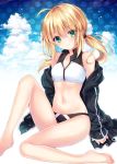 1girl ahoge artoria_pendragon_(all) artoria_pendragon_(swimsuit_archer) bare_legs bare_shoulders barefoot bikini black_jacket blonde_hair breasts collarbone fate/grand_order fate_(series) green_eyes jacket knee_up long_hair long_sleeves looking_at_viewer low_ponytail navel nogi_takayoshi off_shoulder open_clothes open_jacket sidelocks sitting small_breasts smile solo stomach swimsuit thighs two-tone_bikini 