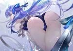  1girl ass bangs bare_shoulders bent_over blue_eyes blue_ribbon closed_mouth eyebrows_visible_through_hair fate_(series) from_behind hair_between_eyes highres long_hair long_sleeves looking_at_viewer looking_back meltryllis meltryllis_(swimsuit_lancer)_(fate) purple_hair ribbon sleeves_past_fingers sleeves_past_wrists smile solo swimsuit vardan very_long_hair water 