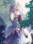  1girl arms_behind_back blue_dress blue_eyes day dress earrings ecru eyebrows_visible_through_hair floating_hair hair_between_eyes jewelry long_hair long_sleeves open_mouth outdoors rwby short_dress shrug_(clothing) side_ponytail silver_hair solo standing sunlight very_long_hair weiss_schnee 