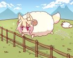  2girls animal_ear_fluff animal_ears animalization bangs blonde_hair blue_sky blush cloud curled_horns day eyebrows_visible_through_hair facing_away fence field fox_ears fox_girl fox_tail grass hair_between_eyes highres horns jumping kemomimi-chan_(naga_u) long_hair mountain multiple_girls naga_u original outdoors red_eyes sheep sheep_girl sheep_horns sidelocks sky solo_focus sparkle tail v-shaped_eyebrows when_you_see_it 