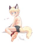  1boy absurdres animal_ears barefoot bike_shorts blonde_hair blue_eyes blush bound feathers fox_ears fox_tail from_behind hair_between_eyes highres looking_at_viewer looking_back male_focus original restrained shirtless shotac0n simple_background solo sweatdrop tail tickle_torture tickling white_background 