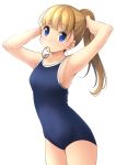  1girl armpits arms_up blonde_hair blue_eyes blue_swimsuit collarbone commentary_request competition_school_swimsuit cowboy_shot flat_chest highres long_hair looking_at_viewer mouth_hold original ponytail rubber_band school_swimsuit shibacha simple_background smile solo swimsuit white_background 