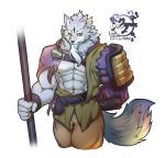  2019 abs anthro biceps canid canine canis clothing digital_media_(artwork) facial_hair fur grey_fur hi_res law_(sdorica_sunset) male mammal multicolored_fur muscular muscular_male pecs sdorica_sunset simple_background solo two_tone_fur white_fur wolf wolfmalro 