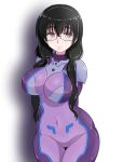  1girl arms_behind_back black_hair bodysuit breasts brown_eyes covered_navel glasses highres kanata_no_astra large_breasts long_hair looking_at_viewer mole mole_under_mouth osage_gankyou purple_bodysuit simple_background solo standing very_long_hair white_background yunhua_lu 