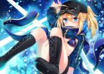  1girl ahoge arm_up artoria_pendragon_(all) bangs baseball_cap bikini black_footwear black_headwear black_shorts blonde_hair blue_bikini blue_eyes blue_scarf blue_shirt boots breasts closed_mouth convenient_leg fate/grand_order fate_(series) hair_between_eyes hair_through_headwear hat holding holding_sword holding_weapon knees_up long_hair long_sleeves looking_at_viewer medium_breasts mysterious_heroine_x nogi_takayoshi ponytail scarf shirt shirt_lift shorts sidelocks solo swimsuit sword thighs weapon 