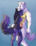  2019 abs animal_genitalia animal_penis anthro anthro_on_anthro athletic balls black_fur blue_background blue_eyes blue_fur blue_skin breasts butt canid canine canine_penis canis digitigrade dipstick_tail duo erection eyebrows eyes_closed fahleir female fluffy fluffy_tail fur hair hi_res knot male male/female mammal marjani markings multicolored_fur multicolored_tail muscular nipple_piercing nipples nude penis piercing purple_fur red_penis simple_background smile standing toes two_tone_fur ulric_arnoux vein white_fur white_hair white_skin wolf yellow_fur yellow_skin 