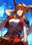  1girl blue_sky brown_hair eiyuu_densetsu estelle_bright falcom gloves hankuri holding holding_staff holding_weapon jacket long_hair outdoors pauldrons red_eyes sky smile solo sora_no_kiseki staff twintails weapon 