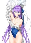  1girl absurdres arm_behind_back arms_up bangs bare_shoulders black_choker blue_eyes blue_ribbon blue_swimsuit blush breasts choker cleavage closed_mouth collarbone commentary_request cowboy_shot eyebrows_visible_through_hair fate/grand_order fate_(series) frilled_swimsuit frills hair_ribbon highres long_hair long_sleeves medium_breasts meltryllis meltryllis_(swimsuit_lancer)_(fate) pixel_(yuxian) purple_hair ribbon shiny shiny_clothes simple_background sleeves_past_fingers sleeves_past_wrists solo standing swimsuit thigh_gap tongue tongue_out very_long_hair white_background wide_sleeves 
