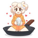  1girl borrowed_character commentary dress egg english_commentary frying_pan heart highres kneeling open_mouth original personification seiza sitting smile solo sunny_side_up_egg sweater sweater_dress turtleneck turtleneck_sweater twistedgrim 