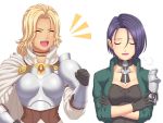  2girls armor bangs blonde_hair breastplate brown_hair cape catherine_(fire_emblem) clenched_hand closed_eyes crossed_arms exasperation fire_emblem fire_emblem:_three_houses gloves long_hair multiple_girls pauldrons rere_(yusuke) shamir_navrant smile swept_bangs wavy_hair 