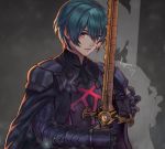  1boy arm_guards armor bangs blue_hair brown_eyes byleth_(fire_emblem) byleth_(fire_emblem)_(male) cape fire_emblem fire_emblem:_three_houses gloves holding holding_weapon kaejunni looking_at_viewer signature solo swept_bangs weapon 