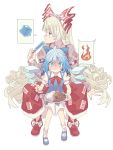  2girls :t absurdres banana_takemura blue_dress blue_eyes blue_hair bow cirno curry curry_rice dress eating fairy_wings fire food fujiwara_no_mokou hair_bow highres holding holding_food ice ice_wings long_hair looking_away mary_janes multiple_girls pants pinafore_dress popsicle puffy_sleeves red_eyes red_footwear ribbon rice shoe_bow shoes silver_hair sitting sitting_on_lap sitting_on_person socks speech_bubble spicy suspenders sweat touhou very_long_hair white_background wings 
