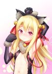  1girl absurdres animal_ear_fluff animal_ears arm_on_head arm_up armpits bell black_gloves black_leotard blonde_hair breasts cat_ears center_opening collar elbow_gloves fake_animal_ears fate/grand_order fate/kaleid_liner_prisma_illya fate_(series) gloves hair_ornament hairband highres illyasviel_von_einzbern jingle_bell leotard long_hair mannaku navel paw_gloves paws red_eyes ribbon small_breasts solo upper_body 