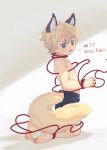  1boy absurdres animal_ears barefoot blonde_hair blue_eyes blush bound bound_wrists chinese_text feet fox_boy fox_ears fox_tail hair_between_eyes highres male_focus original red_string restrained shorts shotac0n solo string sweatdrop tail 