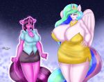  big_breasts blush breast_size_difference breasts cleavage clothed clothing equid female friendship_is_magic hi_res horn huge_breasts mammal my_little_pony nipple_outline princess_celestia_(mlp) silentpassion thick_thighs twilight_sparkle_(mlp) unicorn winged_unicorn wings 