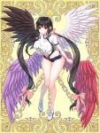  1girl black_eyes black_hair black_wings blue_shorts bow breasts feathered_wings full_body gradient gradient_wings gym_uniform kerberos_blade large_breasts leaning_forward long_hair low-tied_long_hair midriff multicolored multicolored_wings navel official_art pink_bow roka_01u1 shirt shoes short_shorts shorts sidelocks solo standing t-shirt twintails very_long_hair white_footwear white_shirt white_wings wings 