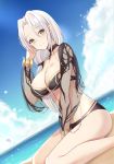  1girl absurdres bangs bare_legs beach bikini black_bikini blue_sky breasts brown_eyes carmilla_(fate/grand_order) choker cleavage cloud cloudy_sky collarbone commentary_request cross day dutch_angle fate/grand_order fate_(series) hand_up highres horizon large_breasts long_hair looking_at_viewer ocean outdoors parted_bangs see-through sidelocks sitting sky smile solo swimsuit thighs water white_hair yuzu-aki 