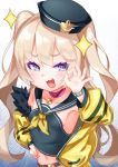  1girl :3 azur_lane bache_(azur_lane) bangs belt blonde_hair breasts collar collarbone fang fur-trimmed_jacket fur_trim hat highres jacket kirisame_mia long_hair long_sleeves looking_at_viewer navel neckerchief off_shoulder ok_sign open_mouth purple_eyes sailor_collar small_breasts smile solo sparkle upper_body yellow_jacket yellow_neckwear 