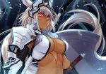  1girl absurdres animal_ears bangs blonde_hair blue_eyes breasts caenis_(fate) cleavage commentary_request dark_skin eyebrows_visible_through_hair fate/grand_order fate_(series) from_below gu_li hair_intakes hairband highres holding holding_shield holding_weapon large_breasts long_hair looking_at_viewer no_bra red_eyes revealing_clothes shield solo tattoo upper_body very_long_hair weapon 