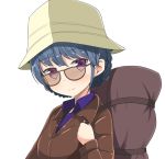  1girl aikawa_ryou bangs blue_hair blush braid brown-framed_eyewear brown_headwear brown_jacket closed_mouth collared_shirt commentary_request dress_shirt eyebrows_visible_through_hair glasses hair_between_eyes hand_up hat highres holding_strap jacket long_sleeves purple_eyes purple_shirt shima_rin shirt simple_background smile solo upper_body white_background yurucamp 