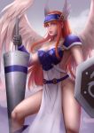  1girl breasts carlos_vasseur castlevania cleavage closed_mouth cloud commentary commission commissioner_upload gloves groin highres long_hair looking_at_viewer polearm shield solo spear valkyrie weapon wings 