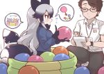  1boy 1girl afterimage animal_ears ball ball_pit black_hair blue_jacket blush bow bowtie brown_hair closed_eyes collared_shirt commentary_request extra_ears fox_ears fox_tail fur_trim glasses gradient_hair grey_hair jacket japari_symbol kemono_friends kemono_friends_pavilion long_hair long_sleeves multicolored_hair name_tag navy_blue_gloves navy_blue_neckwear navy_blue_skirt notebook original playground_equipment_(kemono_friends_pavilion) pleated_skirt shirt short_hair short_sleeves silver_fox_(kemono_friends) silver_hair skirt tail tail_wagging tanaka_kusao white_shirt writing yellow_eyes 