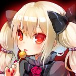  1girl bangs blonde_hair blush candy eyebrows_visible_through_hair food hair_between_eyes lollipop long_hair looking_at_viewer mvv original red_eyes smile solo tongue tongue_out twintails 