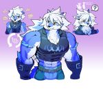  2019 abs absurd_res anime anthro belt biceps blue_fur bottomwear canid canine canis cheong_hwan clothing digital_media_(artwork) fur gloves hair handwear hi_res long_hair male mammal muscular muscular_male pants pecs simple_background white_hair wolf wolfmalro 