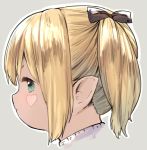  1girl bangs blush bow brown_bow closed_mouth facial_mark final_fantasy final_fantasy_xiv green_eyes grey_background hair_between_eyes hair_bow haruken heart lalafell looking_away outline pointy_ears portrait profile side_ponytail sidelocks simple_background solo white_outline 