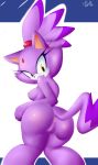  2016 accessory amber_eyes anthro anus areola black_nose blaze_the_cat breasts butt domestic_cat eyelashes felid feline felis female hair_accessory hairband hi_res legs_together looking_back mammal nipples nude pussy rear_view ricocake signature smile solo sonic_(series) standing 