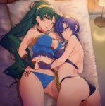  2girls ass ass_visible_through_thighs bed breasts cleavage fire_emblem green_eyes green_hair highres holding_hands long_hair looking_at_viewer lying lyn_(fire_emblem) medium_breasts multiple_girls ponytail purple_eyes purple_hair shinon_(tokage_shuryou) short_hair swimsuit ursula_(fire_emblem) 