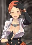 1girl artist_name black_gloves blurry blurry_background breasts brown_eyes butcha-u cleavage collarbone fire_emblem fire_emblem:_three_houses gloves hand_on_own_head highres jewelry large_breasts leonie_pinelli looking_at_viewer necklace one_eye_closed open_mouth orange_hair partly_fingerless_gloves school_uniform shirt_pull short_hair smile solo unbuttoned unbuttoned_shirt upper_body very_short_hair 